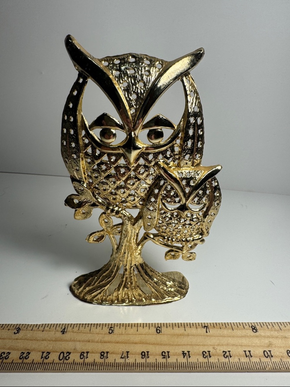 vintage Torino 1970 gold-tone metal earring holder owl mama and baby